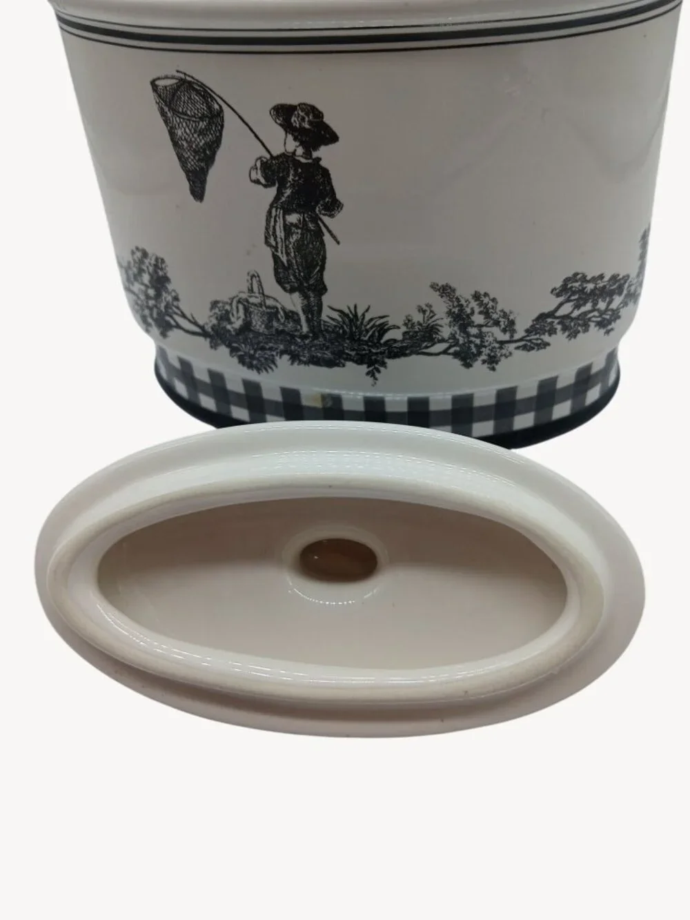 Vintage Waverly County Life Ceramic Lid Container Black White Toile Small Bath